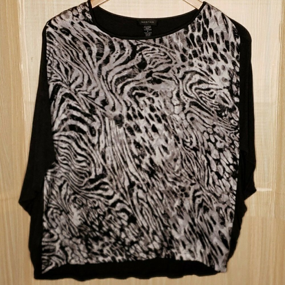 Spense Womens Animal Print Mixed Media Poncho Style Top Small